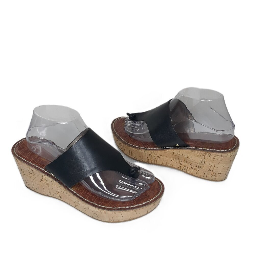 Sam Edelman Roy Black Leather Cork Platform Wedge Thong Sandals 9M